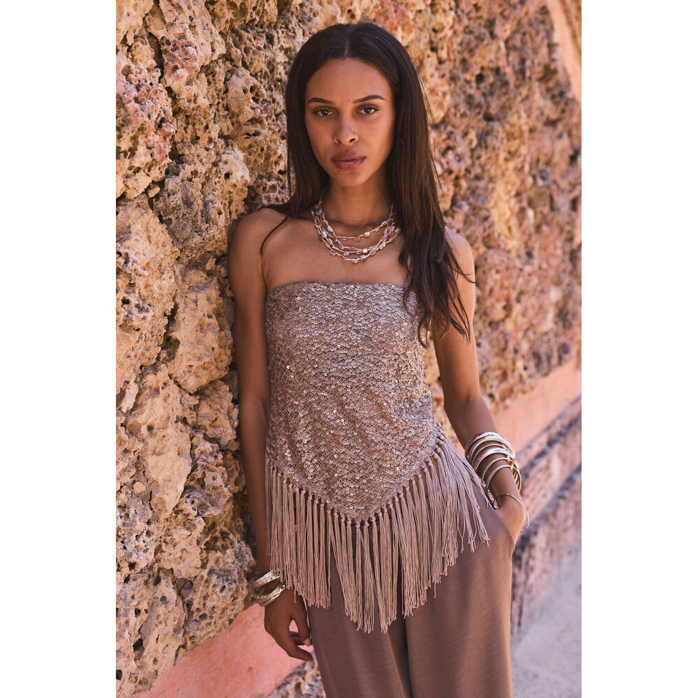 12th Tribe Mirage Taupe Sequin Strapless Top Size SS
